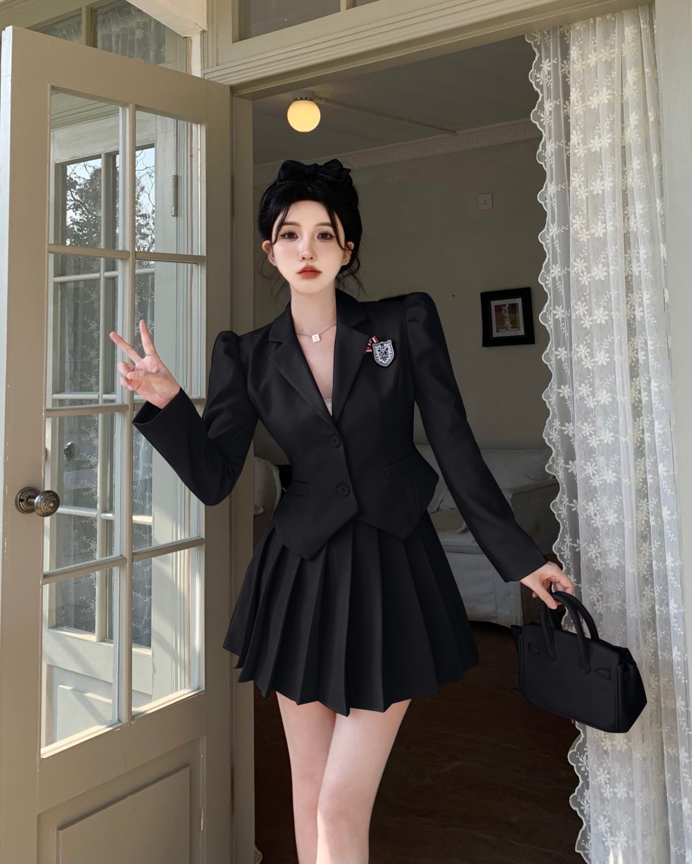 Student British style skirt puff sleeve business suit a set