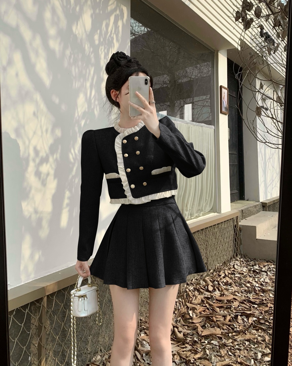 Double-breasted pleated tops high waist skirt 2pcs set