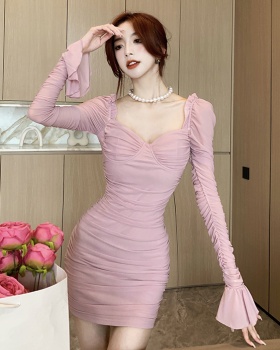 Gauze package hip spring and summer trumpet sleeves dress