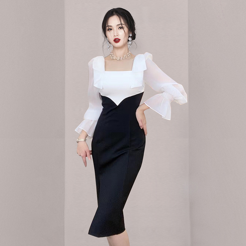 France style splice pinched waist package hip dress