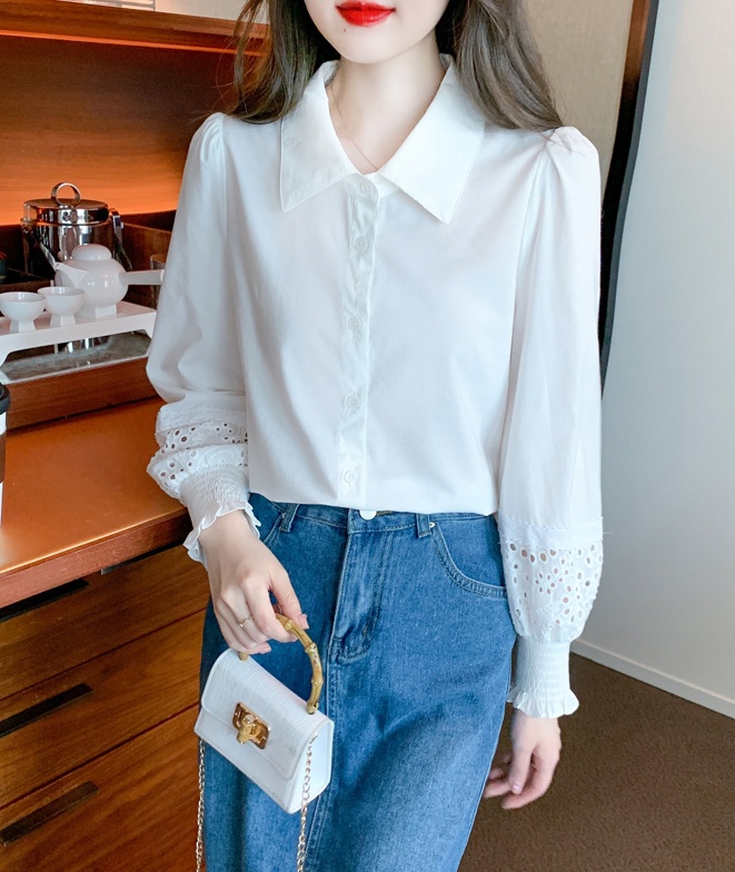Spring white long sleeve shirt Western style simple tops