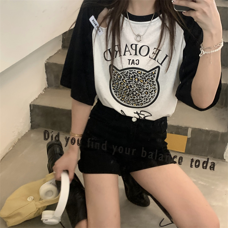 Printing leopard summer letters T-shirt for women
