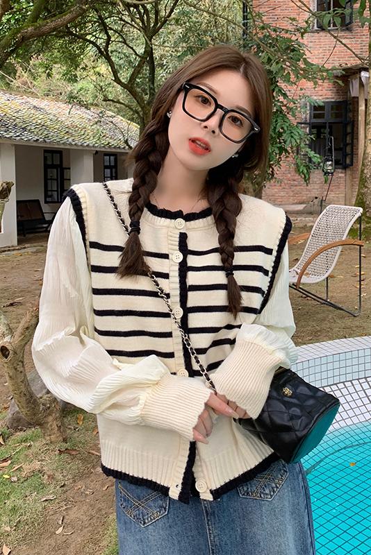 Spring knitted Korean style splice Pseudo-two cardigan