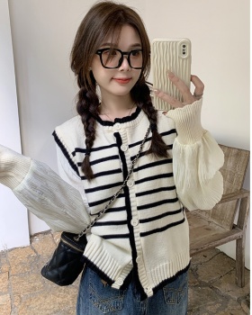 Spring knitted Korean style splice Pseudo-two cardigan