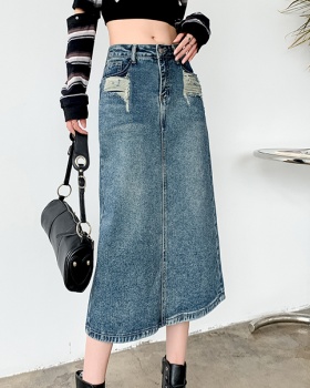 Washed slim holes spring and autumn denim long Casual skirt