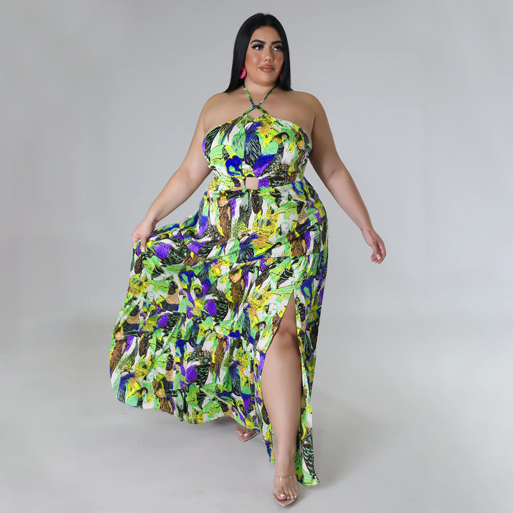 Printing frenum sexy halter sleeveless large yard dress