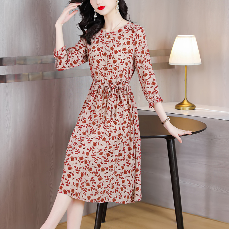 Silk red Western style printing real silk dress