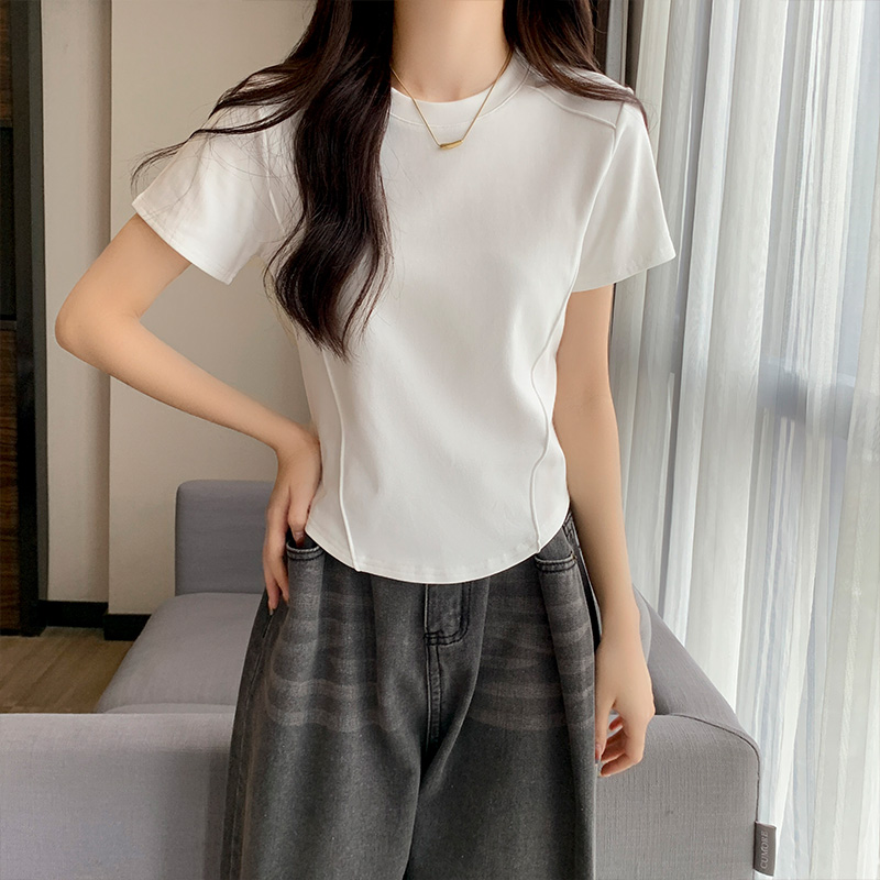 Pure round neck white tops all-match slim short sleeve T-shirt