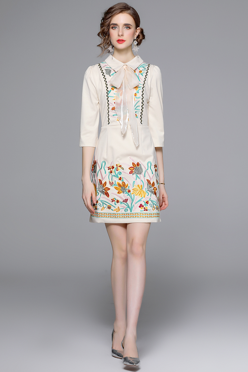 Bow embroidered flowers spring dress