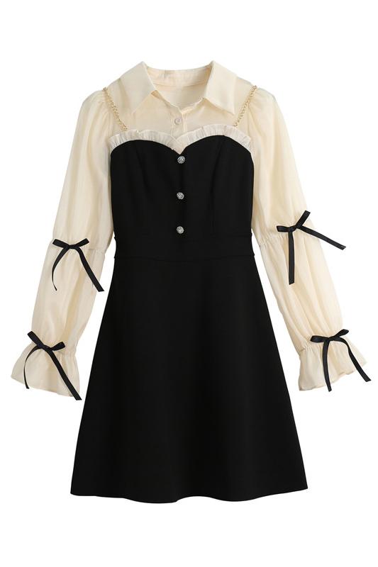 Pseudo-two spring sweet shirt slim bow splice dress