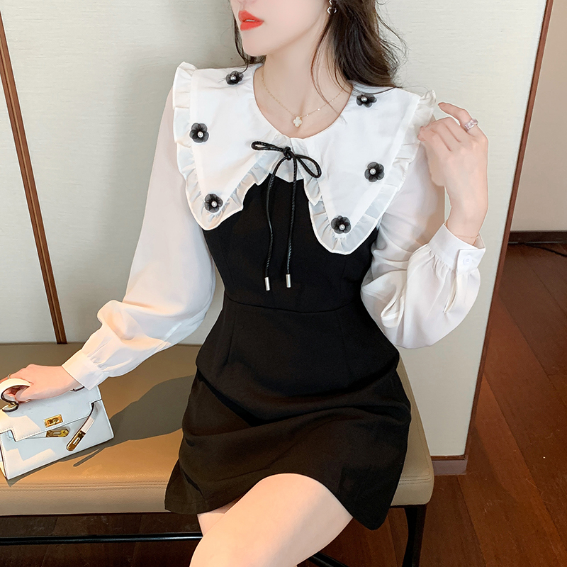 France style slim dress doll collar pinched waist T-back