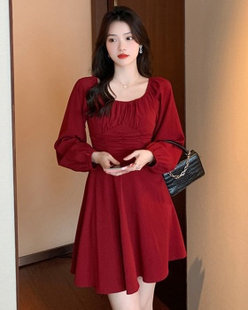 Pinched waist square collar red France style retro dress