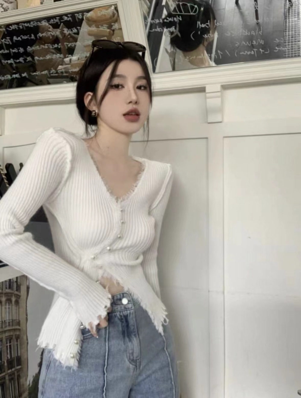 Knitted thick burr sweater V-neck pure slim cardigan