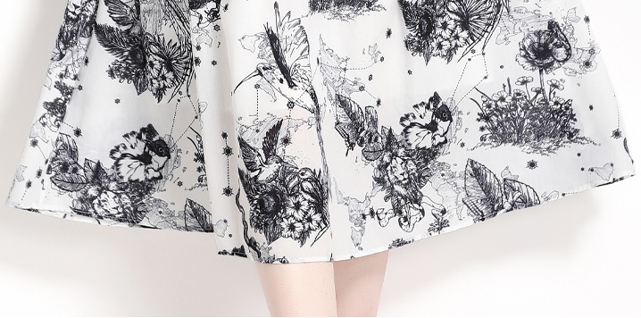 Ink printing short sleeve big skirt lapel long dress