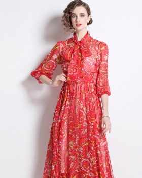 Long European style short sleeve printing frenum dress for women
