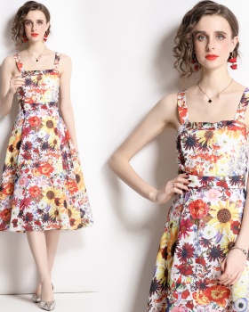 Retro France style strap dress printing floral long dress
