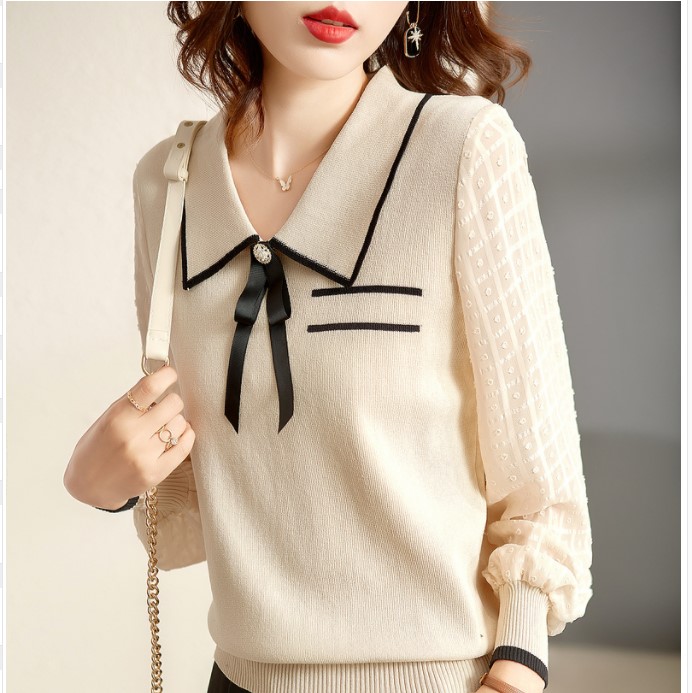 Doll collar chiffon tops long sleeve splice sweater for women