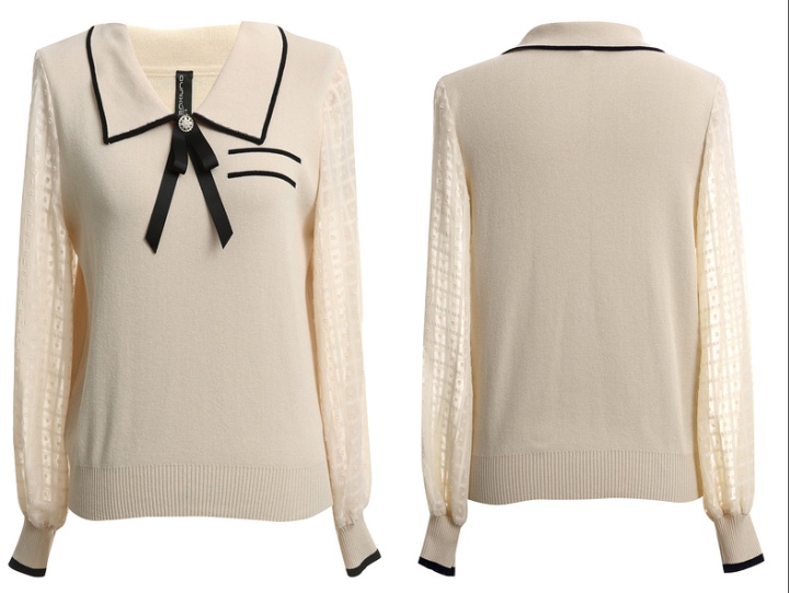 Doll collar chiffon tops long sleeve splice sweater for women