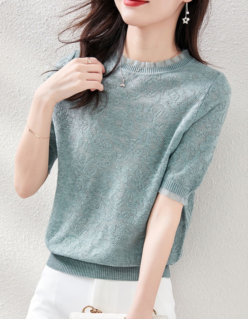 Hollow short sleeve short tops small summer crochet T-shirt
