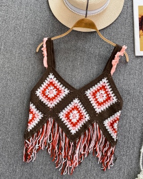 Knitted short national style tops tassels seaside vest