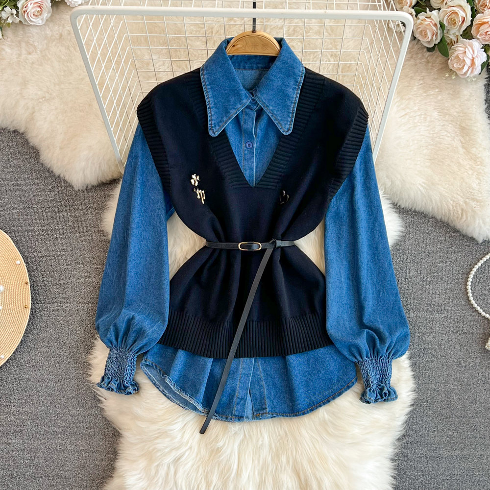 Knitted denim vest retro shirt 2pcs set for women