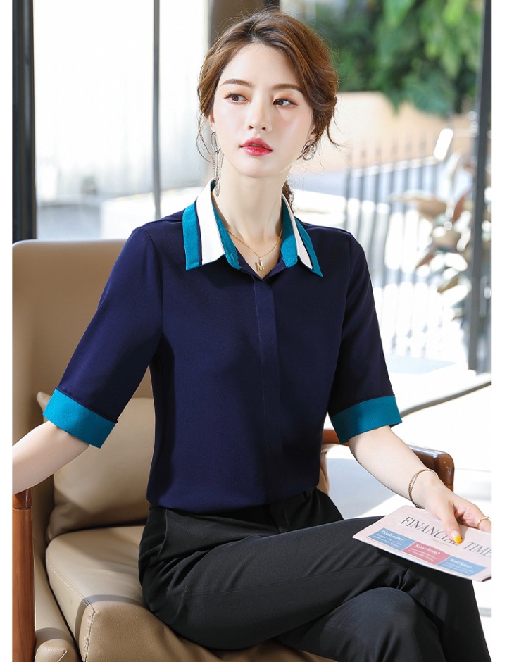 Navy-blue short sleeve tops slim shirt for women