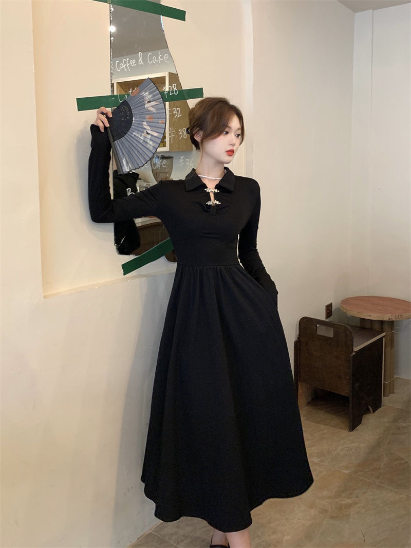 Large yard pinched waist autumn dress for women