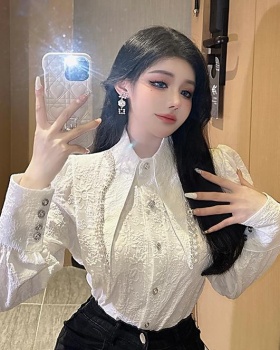 Pointed collar Western style beading tops white unique shirt