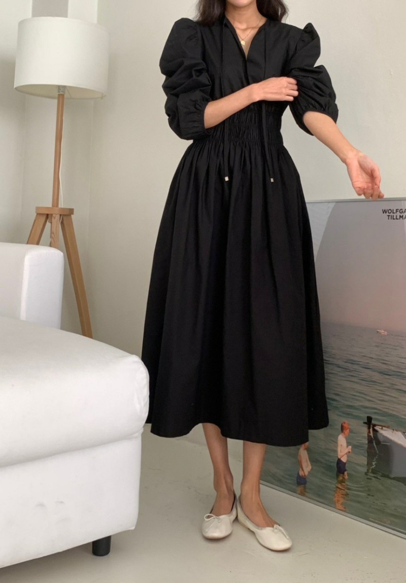 Pure Casual pinched waist long sleeve V-neck dress