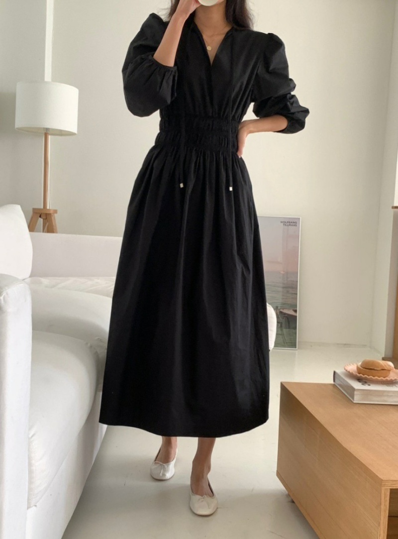 Pure Casual pinched waist long sleeve V-neck dress