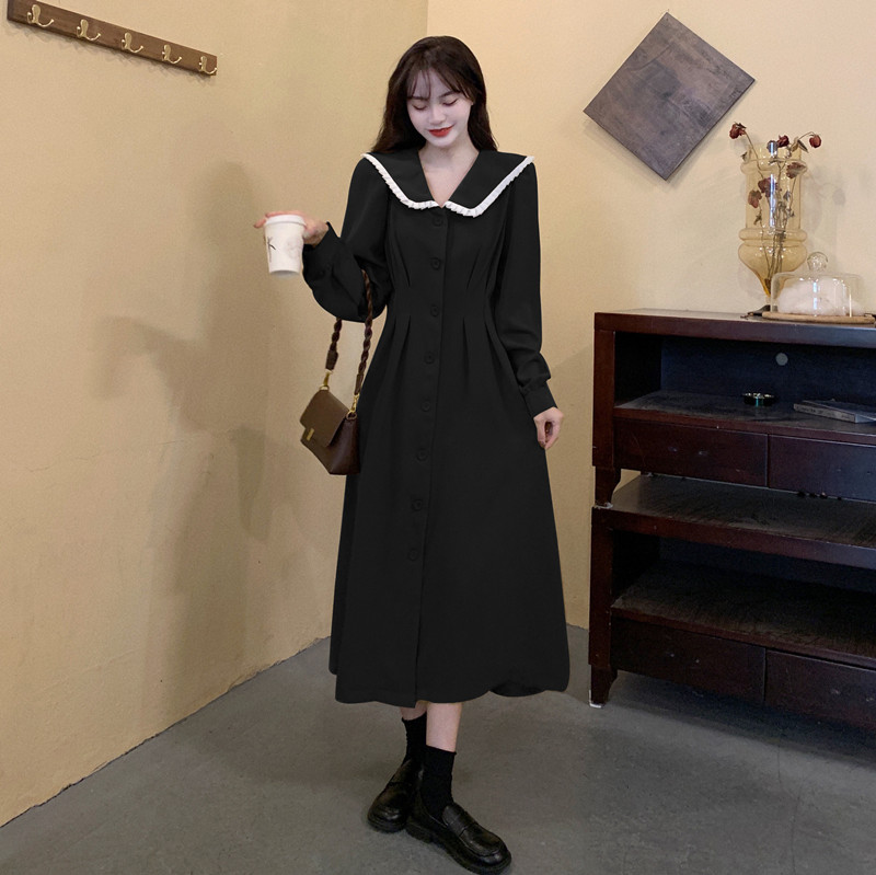 Single-breasted spring slim puff sleeve dress for women