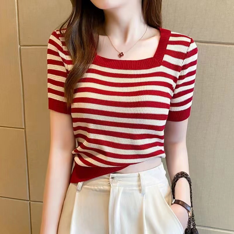 Short sleeve sunscreen stripe sweater thin summer tops