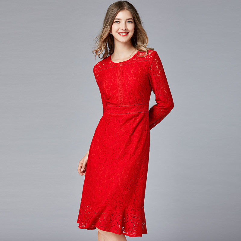 Large yard France style spring and autumn red dress