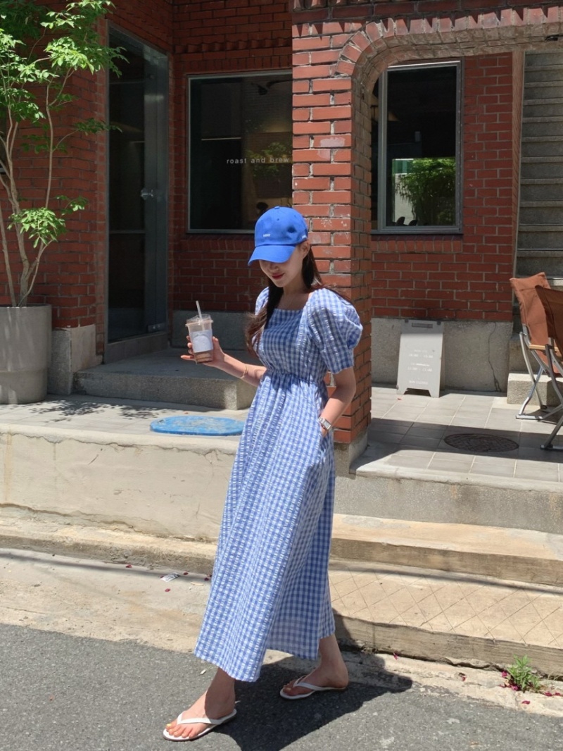 Summer puff sleeve clavicle plaid Korean style dress