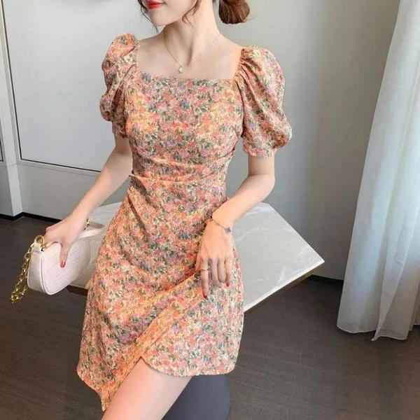 France style slim summer T-back irregular floral dress