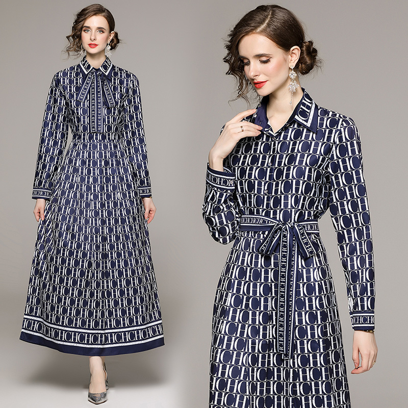 European style all-match printing pinched waist dress