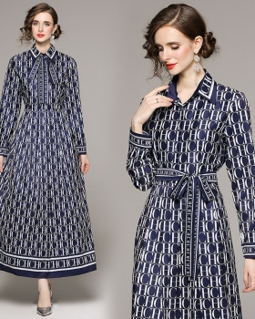 European style all-match printing pinched waist dress