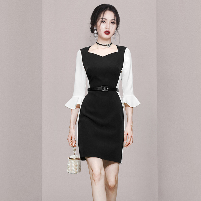 Mixed colors spring pinched waist dress for women