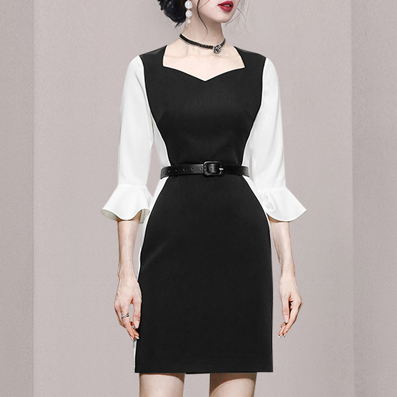 Mixed colors spring pinched waist dress for women