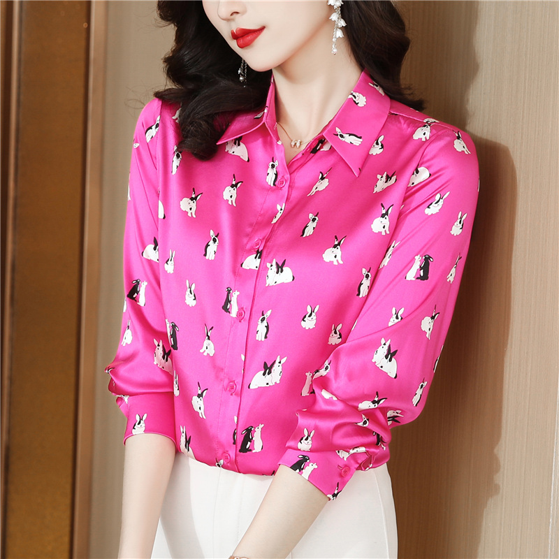 Printing silk shirt spring and autumn satin tops for women