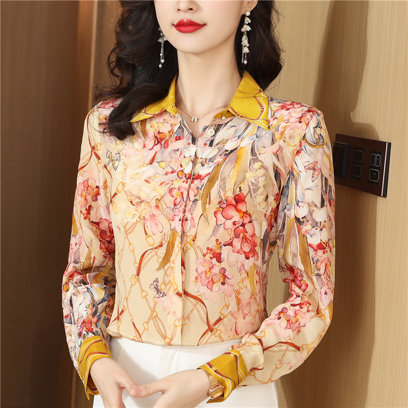 Spring printing shirt lapel real silk tops for women