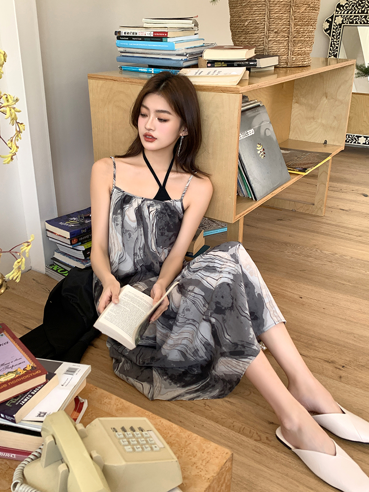 Printing sling halter ink blooming dress for women