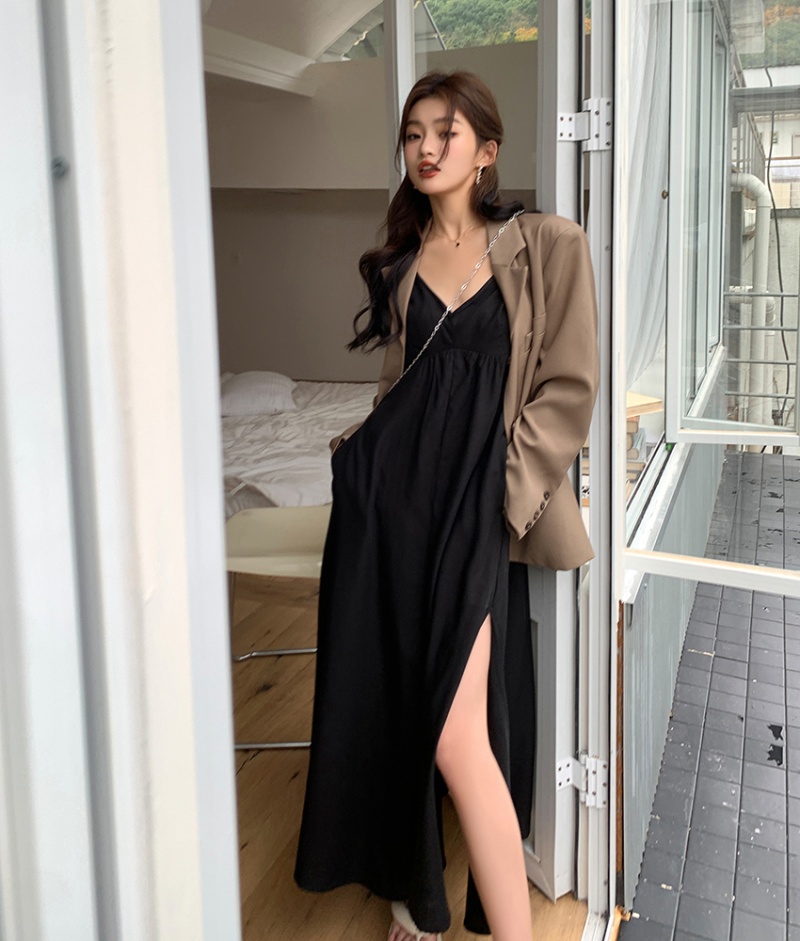 Long V-neck dress split long dress for women