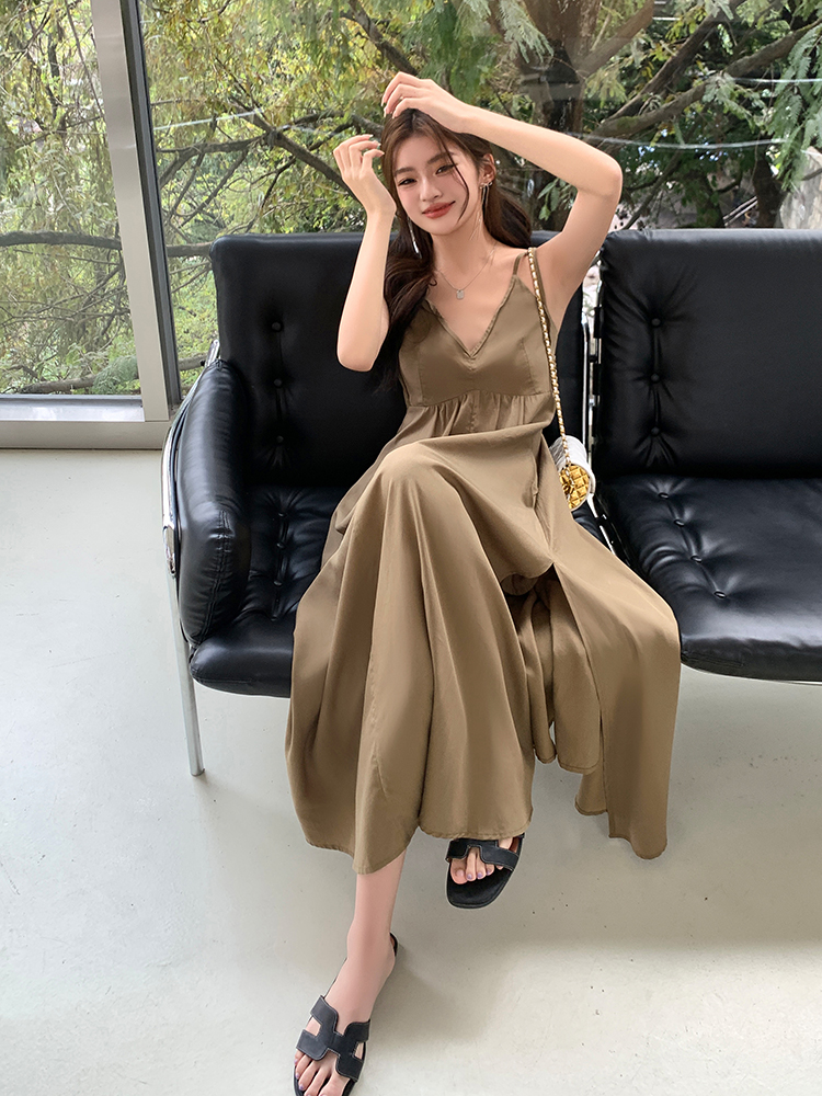 Long V-neck dress split long dress for women