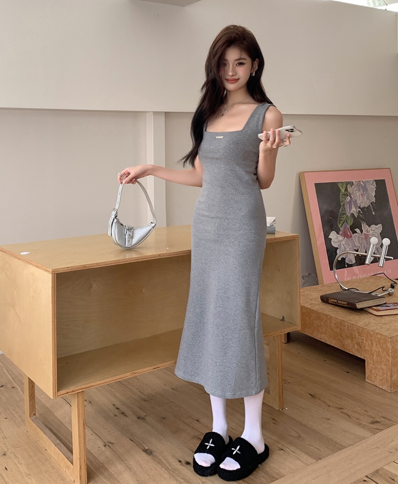 Gray slim sling dress package hip bottoming long dress