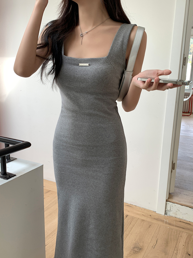 Gray slim sling dress package hip bottoming long dress