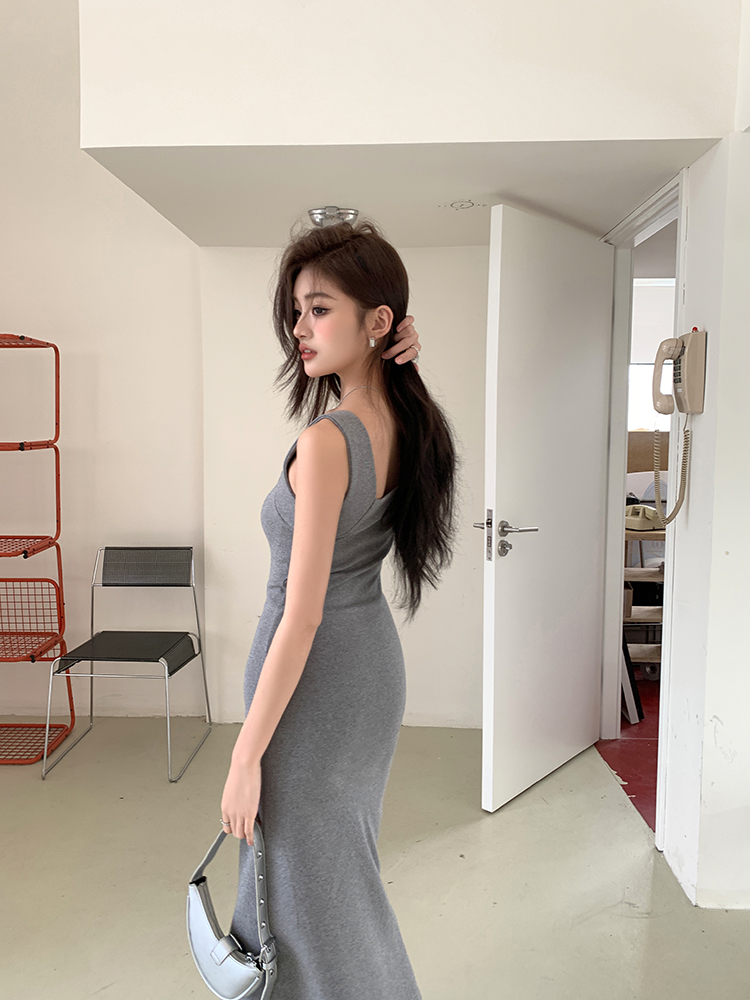 Gray slim sling dress package hip bottoming long dress