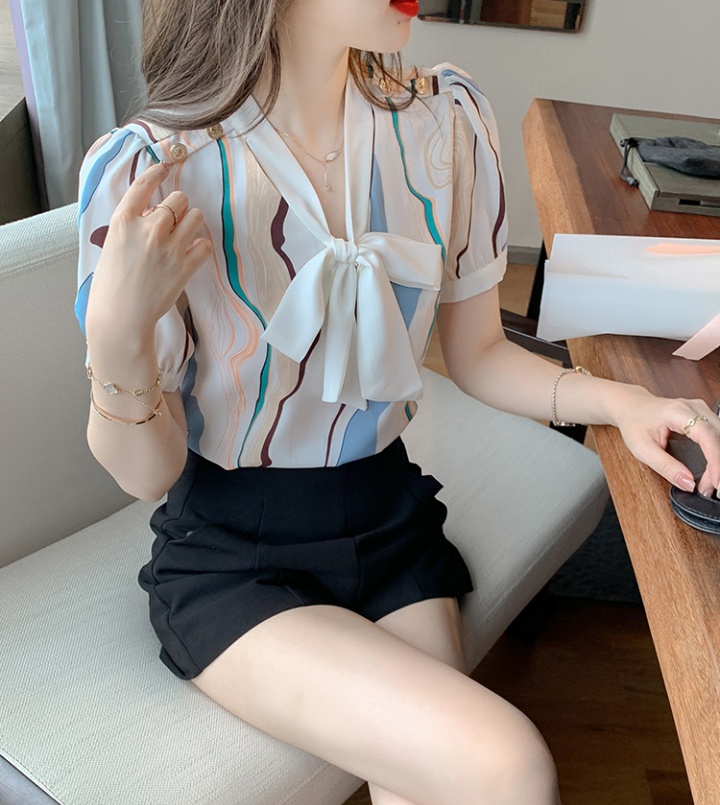 Short sleeve printing tops bow shirt for women