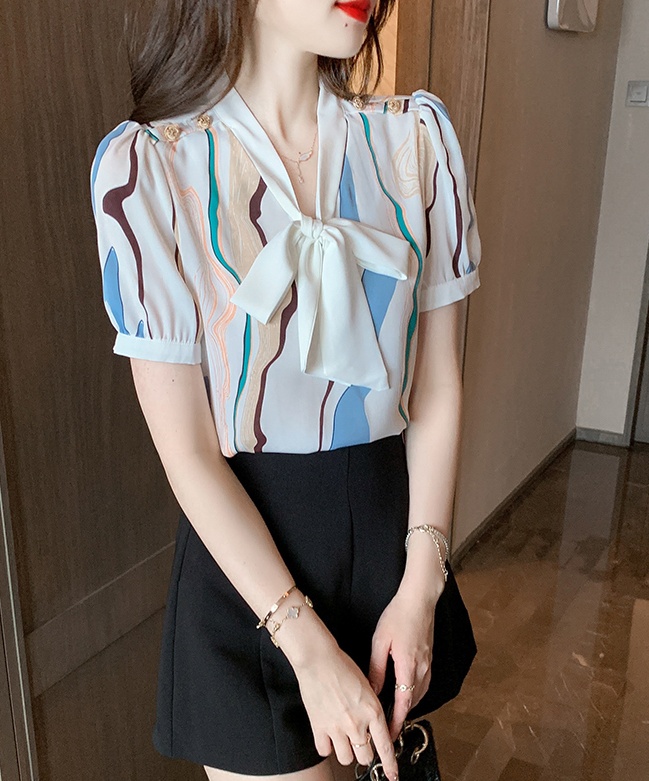 Short sleeve printing tops bow shirt for women