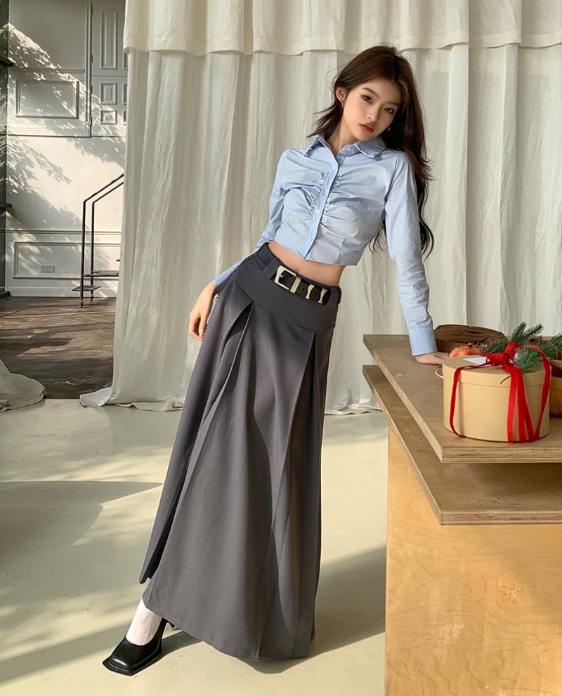 Short pinched waist spring and summer fold shirt for women